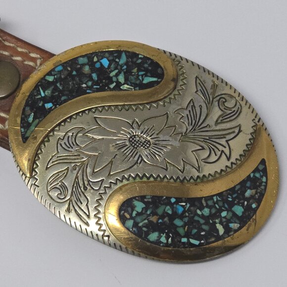 Triple K Tooled Leather Belt with German Silver and Turquoise Western Buckle 34 - Picture 10 of 13
